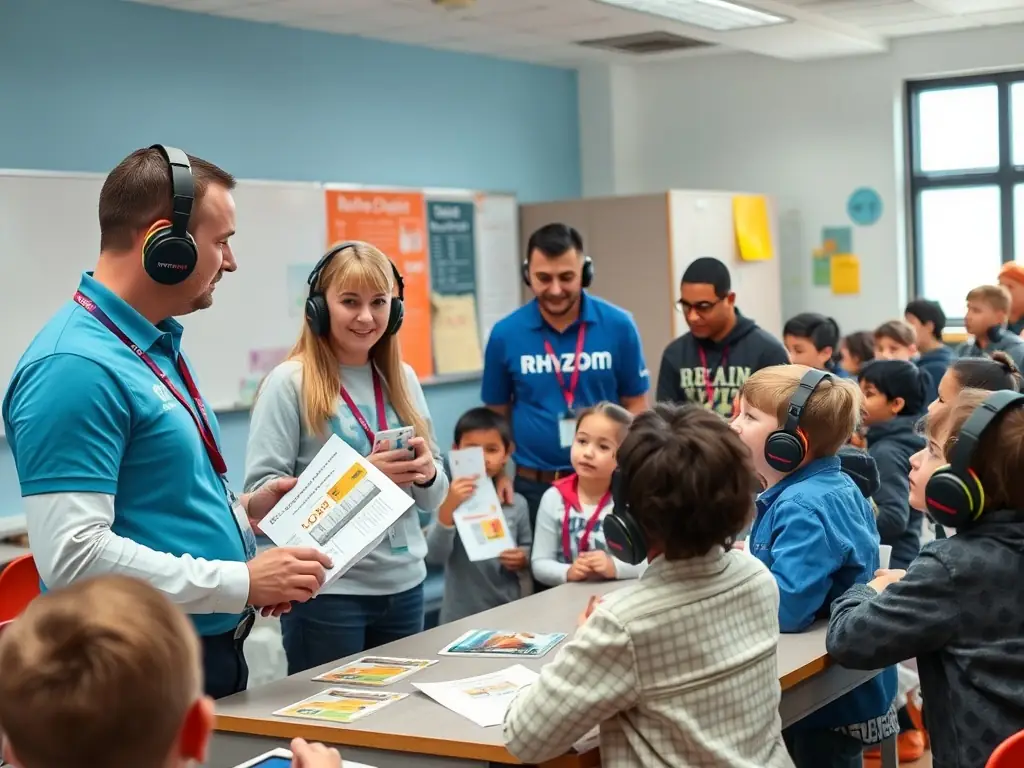 A photograph capturing a RHYZOM team conducting an auditory health awareness session in a school, demonstrating the use of educational materials and interactive demonstrations to teach children about hearing protection.