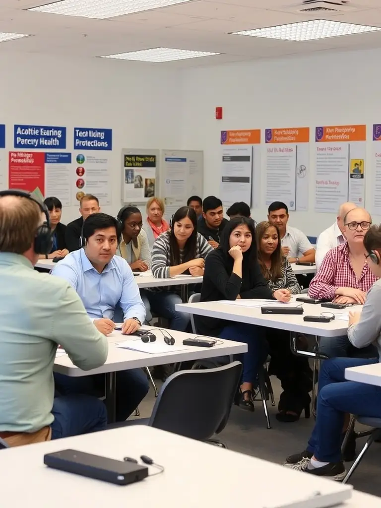An image of a RHYZOM auditory health workshop, showing participants learning about noise-induced hearing loss prevention techniques and using hearing protection devices.