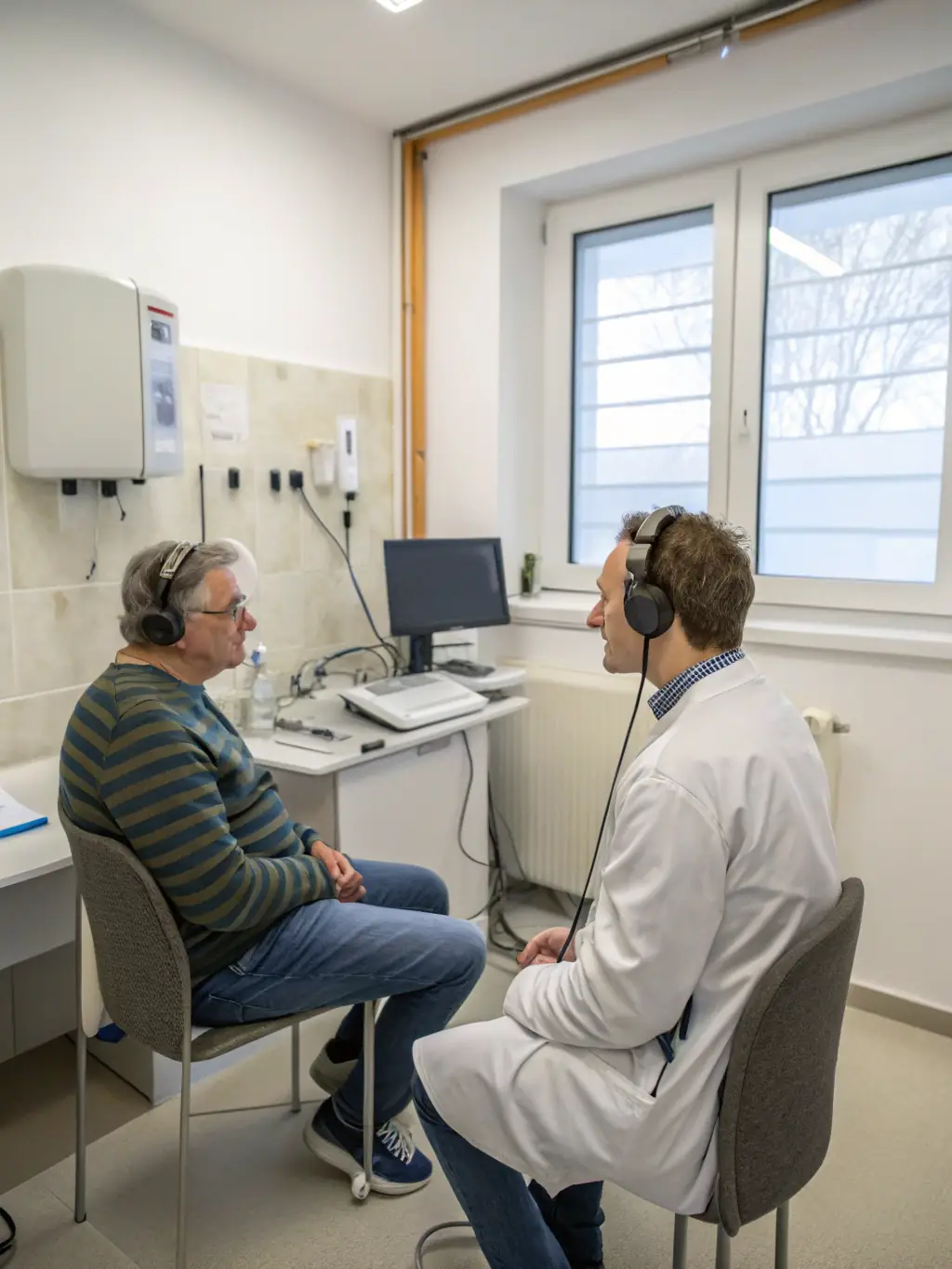 A visual of a RHYZOM auditory health awareness campaign, featuring educational materials and community members participating in a hearing check.