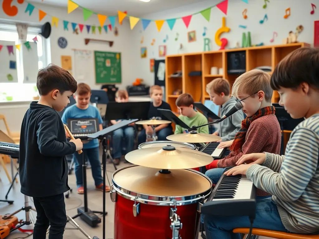 A vibrant image depicting a RHYZOM-sponsored music workshop in a local community center, showcasing participants actively engaged in learning musical instruments and collaborating on a song.