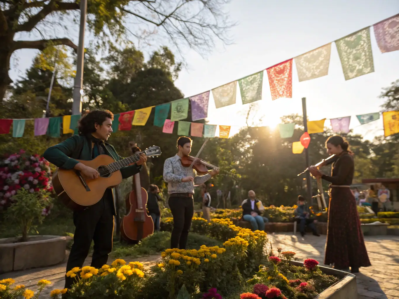 A dynamic image showing a RHYZOM-organized cultural event featuring traditional music and dance performances, with a diverse audience enjoying the show in an outdoor setting.