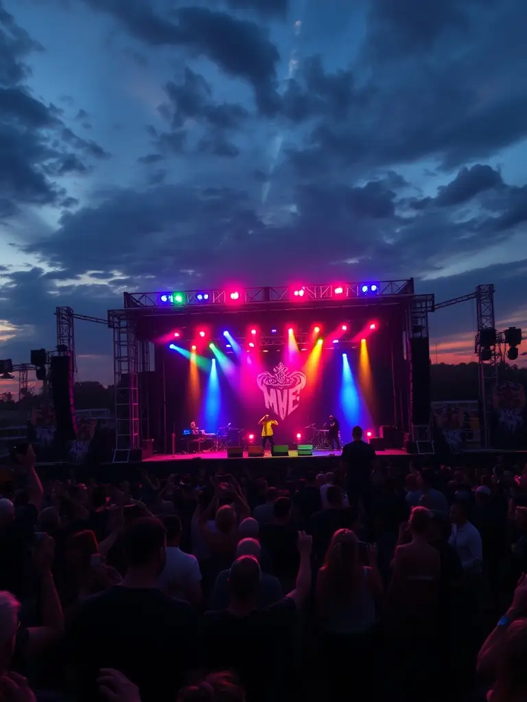 A dynamic image depicting a RHYZOM-sponsored music festival with diverse artists performing on stage, showcasing the vibrant cultural exchange and artistic expression fostered by the organization.